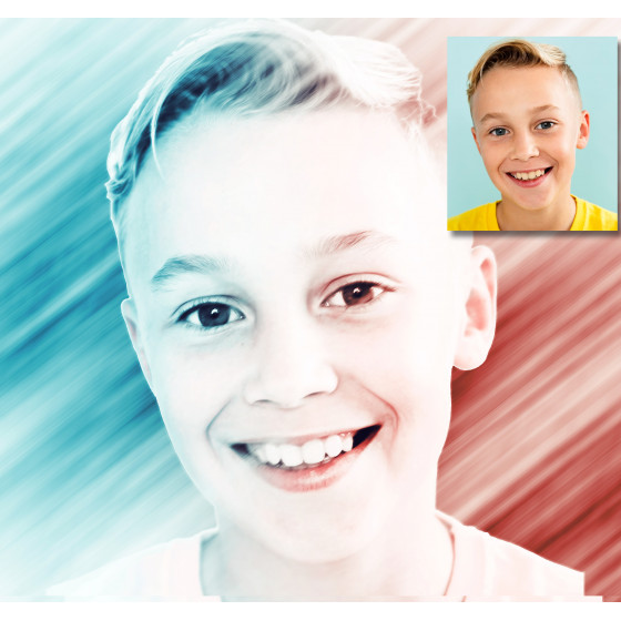 Pareja de personas mayores abrazándose y sonriendo, representada en un estilo ilustrado con textura sepia; incluye una pequeña imagen del original.