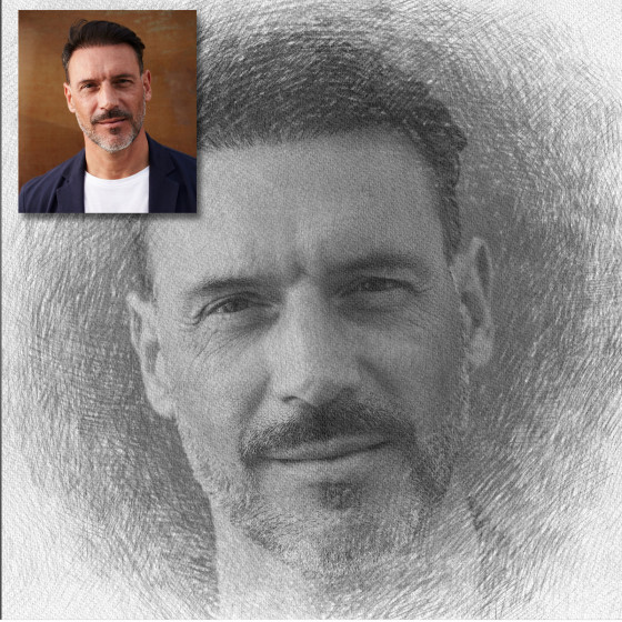 Retrato en estilo acuarela de una mujer joven con el cabello movido por el viento, sobre un fondo suave y texturizado; con la foto original en pequeño.