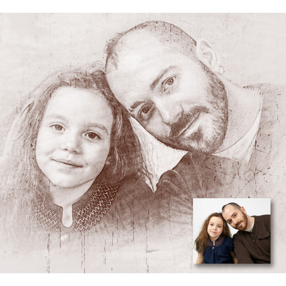 Mujer joven con gafas de sol y camiseta de rayas, convertida en un retrato de estilo pop art con puntos de semitono; con una foto original en miniatura.