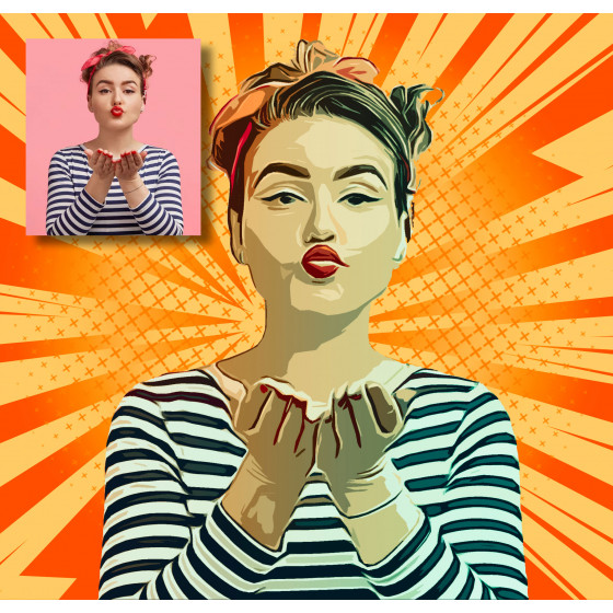 Adolescente posando con los brazos cruzados frente a una pared de ladrillo blanco, representado como arte mural o stencil; con una foto original en miniatura.