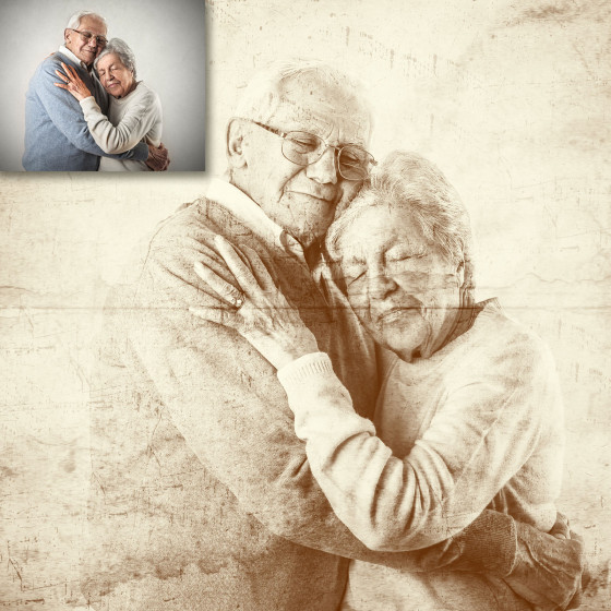 Retrato cercano de un niño sonriendo, con un fondo dinámico en tonos azul y rosa, estilizado digitalmente; con una miniatura del original.